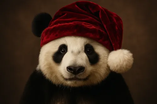 Cute image of a panda wearing a red pom-pom hat on a neutral background
