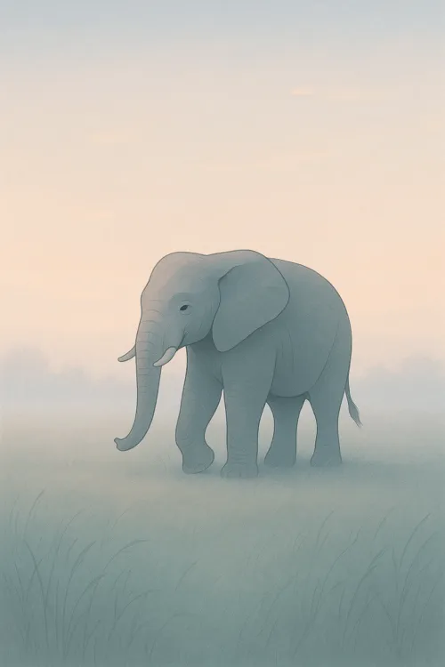 Illustration of an elephant walking through a misty landscape at dawn