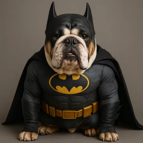 French bulldog in a heroic Batman costume with a cape