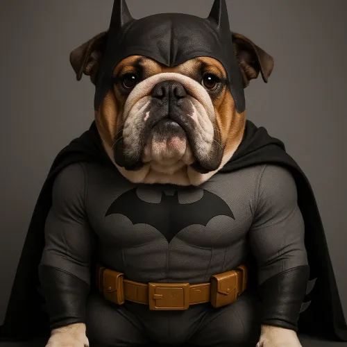 Bulldog en traje de superhéroe Batman con capa y máscara
