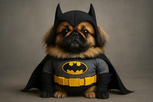 Pekingese in a superhero costume with a cape and mask