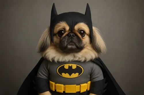 Perro disfrazado de Batman con capucha y capa