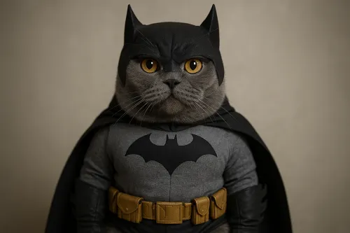Gato gris en traje de Batman con capucha y cinturón