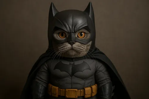 Una mascota con características felinas vestida con el traje del superhéroe Batman