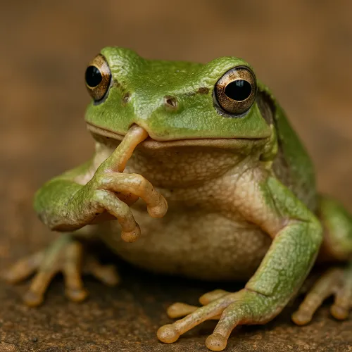 Close-up of a frog making a gesture that means silence