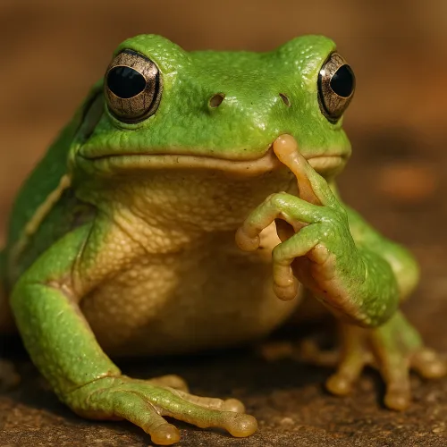 The frog is signaling for silence with a finger.