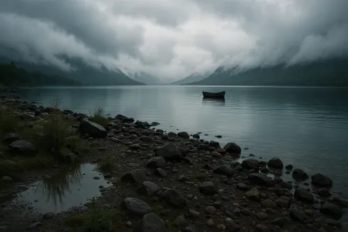 Un lago tranquilo con un bote solitario y montañas entre nubes