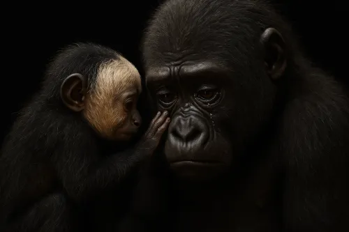 Scene with a gorilla and her baby on a black background, expressing closeness