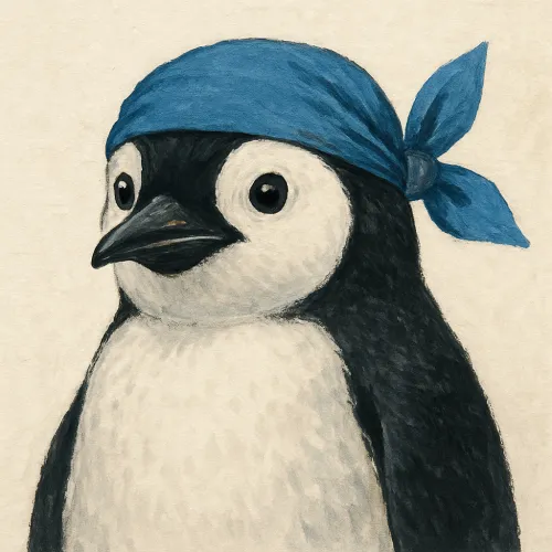 Imagen de un pingüino vestido con una bandana azul sobre un fondo neutro