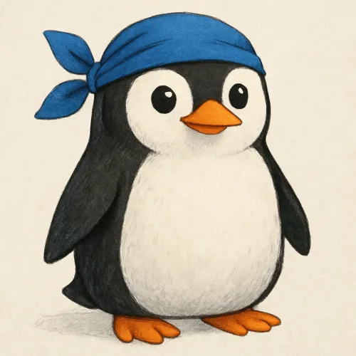Pingüino con una bufanda azul brillante, de pie sobre un fondo claro