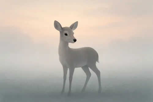 Charming white deer against a foggy landscape