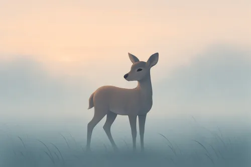 A cute deer stands in a foggy landscape at dawn