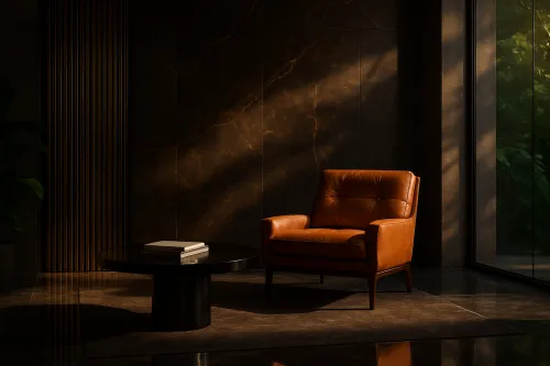 Spacious interior with a leather armchair and round table