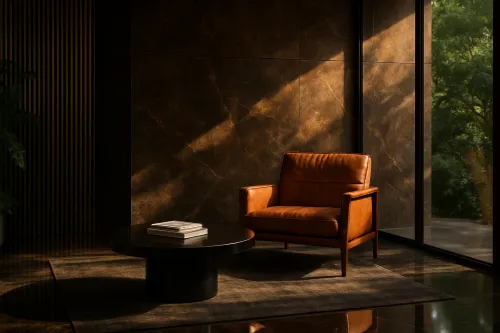 Cozy armchair in modern interior with coffee table