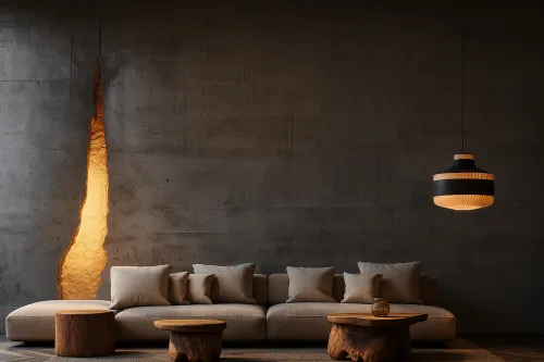 Modern living room with a sofa, wooden tables, and lighting