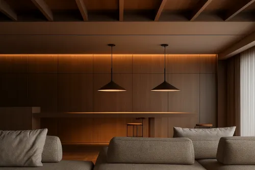 Stylish and Cozy Interior with Wooden Elements and Soft Lighting