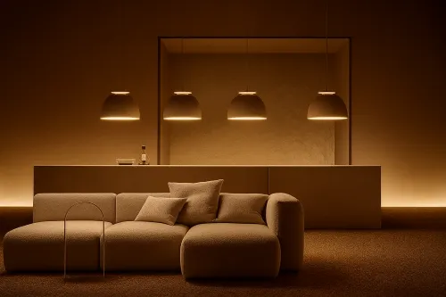Cozy interior with a soft sofa and stylish light fixtures