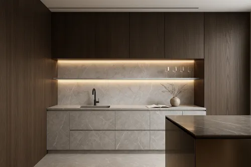 Cocina elegante en estilo contemporáneo con tonos claros y oscuros