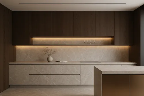 Interiores de una cocina moderna con elementos de madera y piedra iluminados