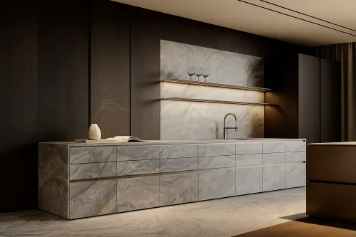 Elegante cocina con encimera de mármol y acabado oscuro