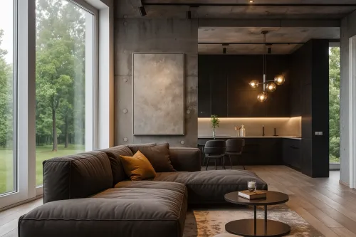 Elegant room with sliding windows and stylish furniture