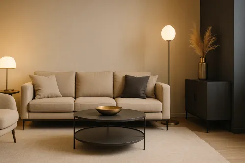 Acogedora sala de estar con sofá, lámparas y decoración