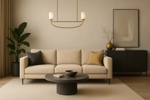 Sala de estar estilosa con un sofá acogedor y iluminación moderna