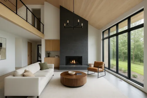 Sala de estar con una gran ventana, chimenea y muebles elegantes