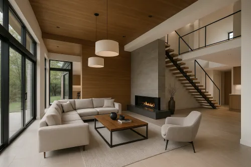 Sala de estar acogedora con diseño moderno, chimenea y escalera de madera