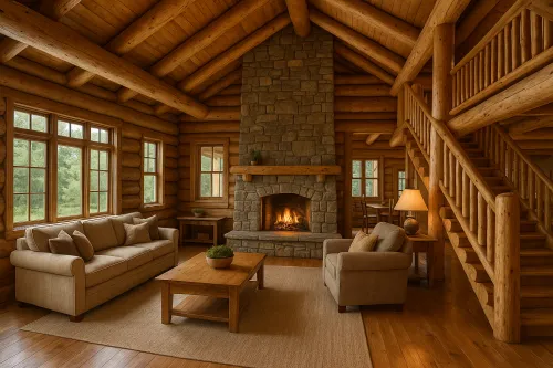 Interior de una casa de campo con chimenea y vigas de madera