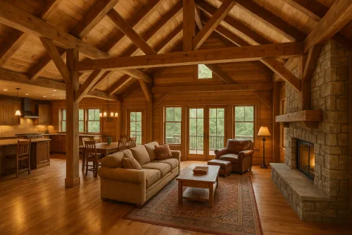 Espacio luminoso y espacioso en estilo casa de campo con muebles de madera
