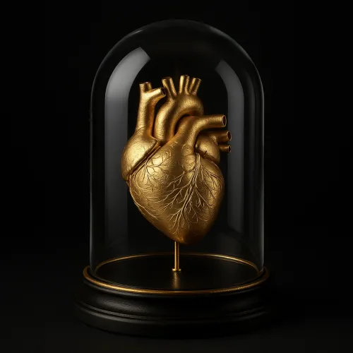 Corazón dorado estéticamente presentado bajo una cúpula de vidrio sobre un fondo negro