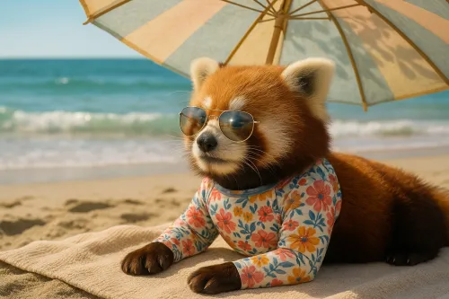 Cute panda in sunglasses on the beach under an umbrella