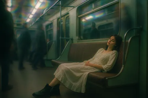 Sleeping girl in a white dress on a bench in the subway