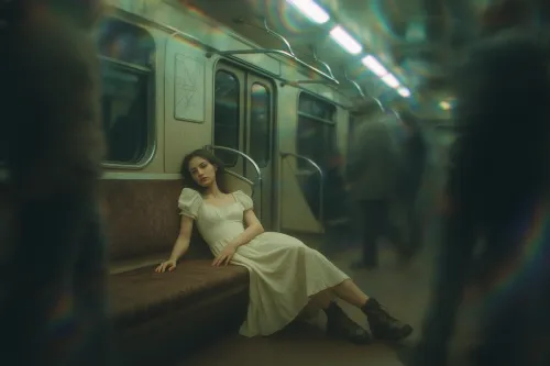 Joven mujer en un vestido blanco, descansando en un banco en el metro