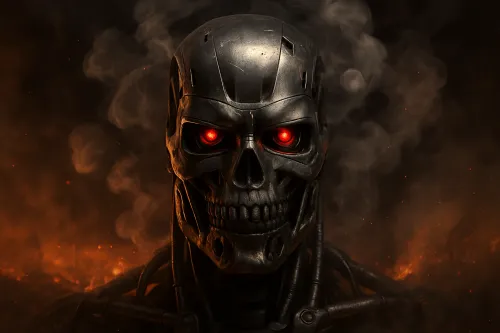 Powerful cyborg with metal and glowing red eyes against a smoky background