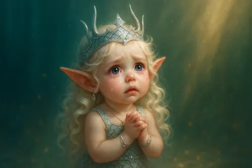 Pequeña elfa con cabello largo y corona llorando en el mundo submarino