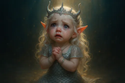 Pequeña elfa con lágrimas en el rostro y una corona