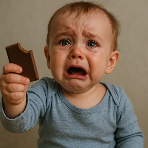 A little child is crying, holding a chocolate bar in his hand