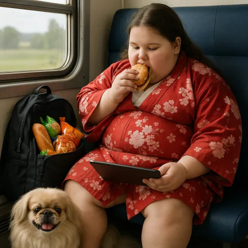 Niña en un kimono comiendo una hamburguesa en un tren con un perro al lado