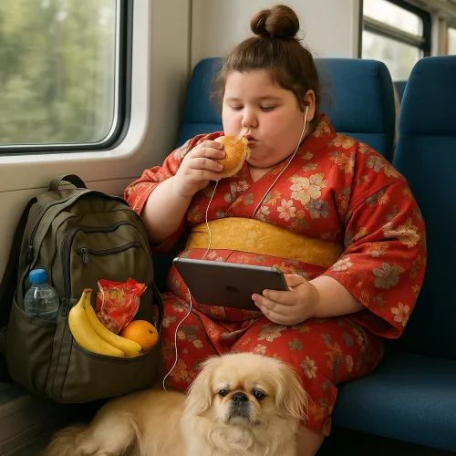 Una joven niña en kimono está sentada en un tren, comiendo un panecillo y jugando con una tableta