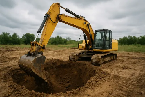 Excavadora amarilla cavando un agujero en el sitio de construcción en un día soleado