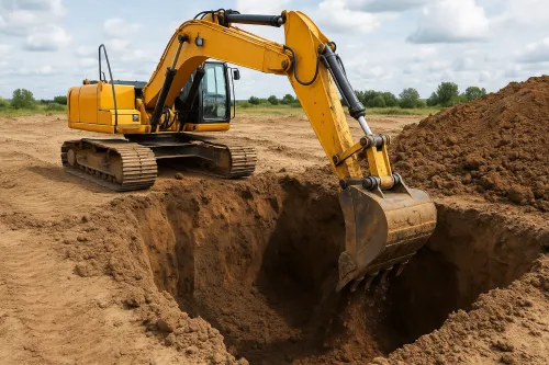 Excavadora amarilla cavando un agujero en un sitio de construcción
