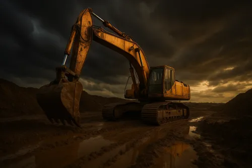 Excavadora amarilla contra un cielo sombrío en una zona arenosa