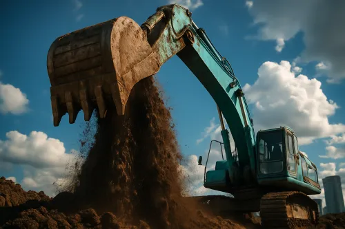 La excavadora levanta tierra contra un cielo nublado
