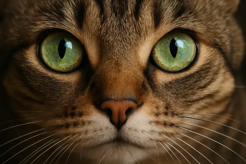 Los ojos de un gato con brillantes iris verdes y características faciales distintivas
