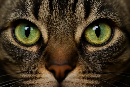 Primer plano de los ojos de un gato doméstico con brillantes pupilas verdes