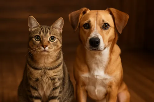 Gato y perro esperando la sesión de fotos en un ambiente acogedor