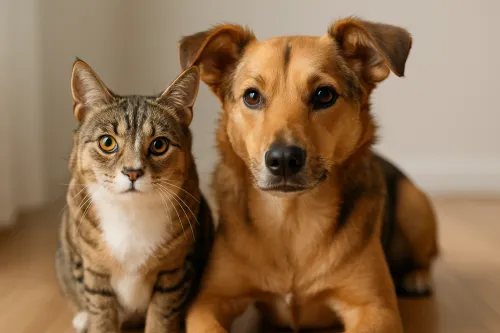 Perro y gato sentados pacíficamente en un suelo de madera