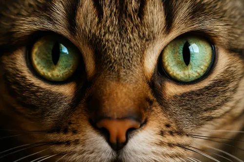 Macrofotografía de los ojos de un gato con un brillante tono verde